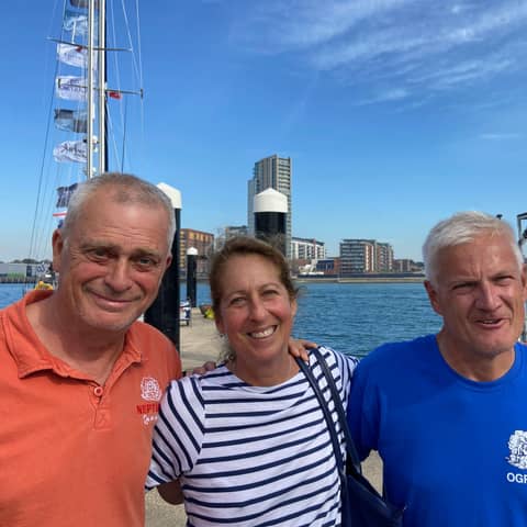 Ocean Global Race. Neptune arrives in Cape Town South Africa. Talking with Skipper Tann Raffray and Amy Bridge.