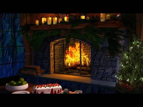 Yule Log Fireplace & Rain Sounds | Holiday Fireplace Ambience