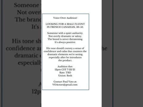 Voice Over Audition for Male French Canadians, Must Be FLUENT!
