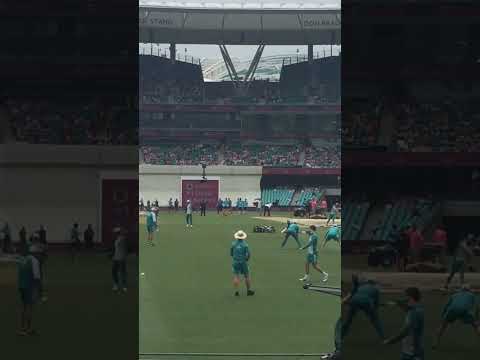 SPD Smith snares a sharp chance in the Aussie team Ashes warm up at the SCG.