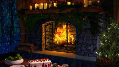 Holiday Yule Log Fireplace & Rain Sounds | Crackling Fire Sounds & Rain