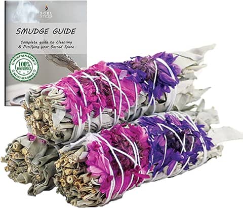 Blissful Organic White Sage Smudge Sticks with Flowers 3 Pack for Cleansing Home, Meditation, Yoga, Healing and Smudging | Susta