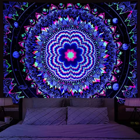 Amonercvita Blacklight Tapestry Trippy Mandala Tapestry UV Reactive Galaxy Stars Tapestry Bohemian Neon Tapestry Wall Hanging Hi