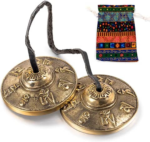 Tibetan Tingsha Cymbals Meditation Chime Bells with Tibetan drawstring Cloth Bag, 6.5 cm Meditation Chime Bells, for Percussion