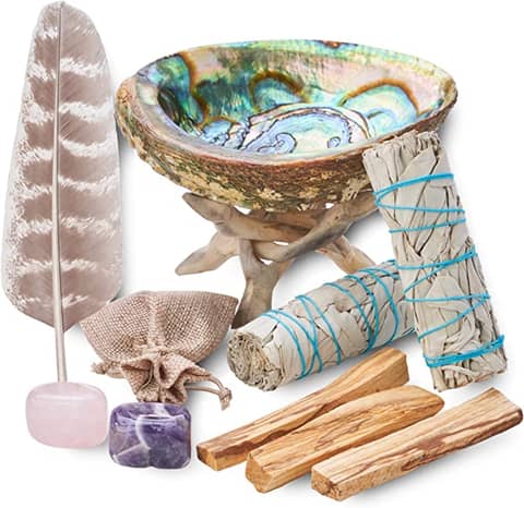 Home Cleansing & Smudging Kit with White Sage, Palo Santo, Abalone & Stand, Smudge Feather & Guide - Smudge Kit with Sage Smudge