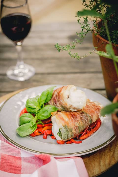 Wood Fired Monkfish wrapped in Parma Ham with Fresh Basil Wood Fired Monkfish wrapped in Parma Ham with Fresh Basil