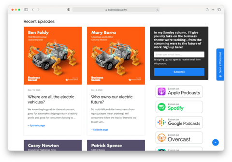 screenshot of recent episodes of business casual on the podcast website page