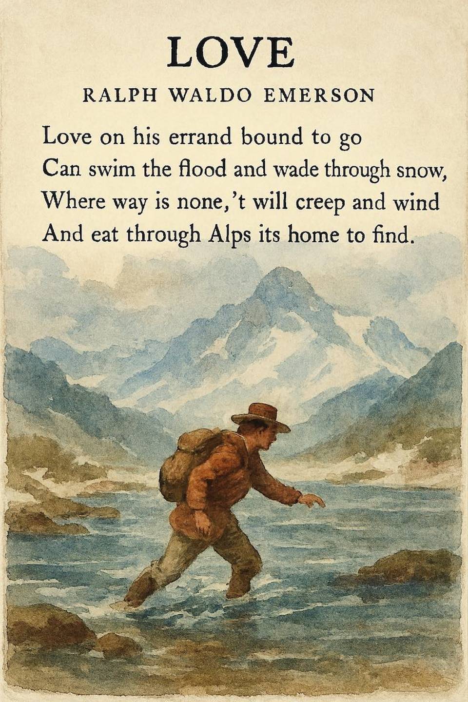 An illustration for the quatrain poem “Love” by Ralph Waldo Emerson showing a traveler with a backpack wading through a river toward a large mountain range.