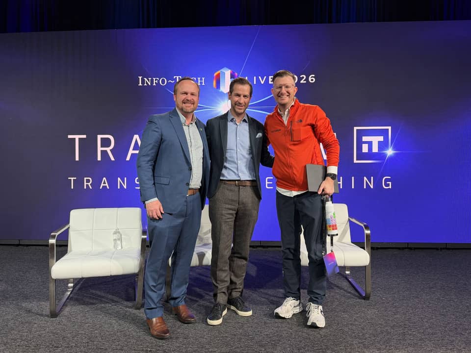 Joe Toste with Info-Tech CEO Tom Zehren and CIO John Burris on stage at Info-Tech LIVE in New Orleans